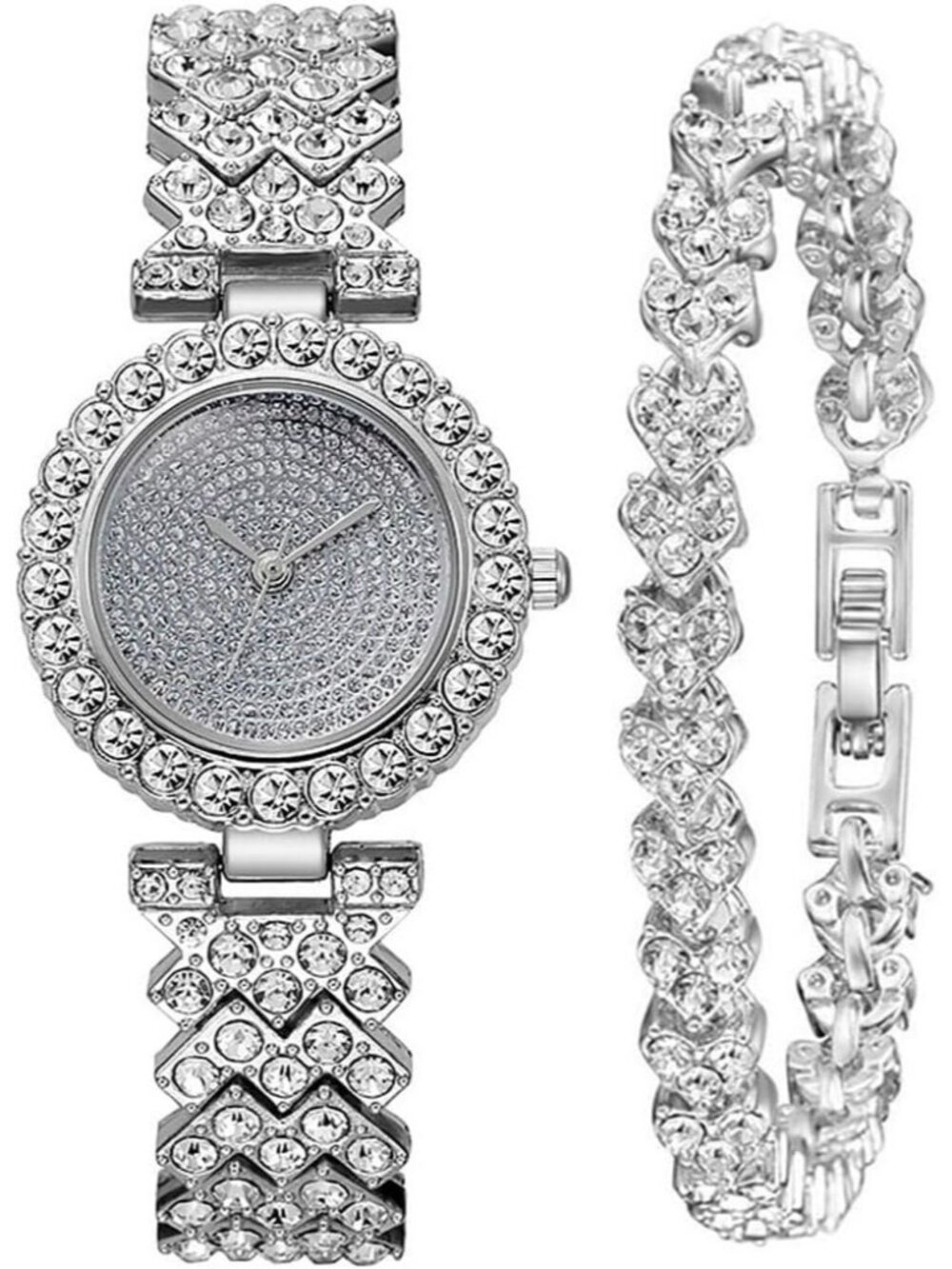 Women's Full Silver Luxury Fashion Ladies Bangle Bracelet Set Elegant Watches